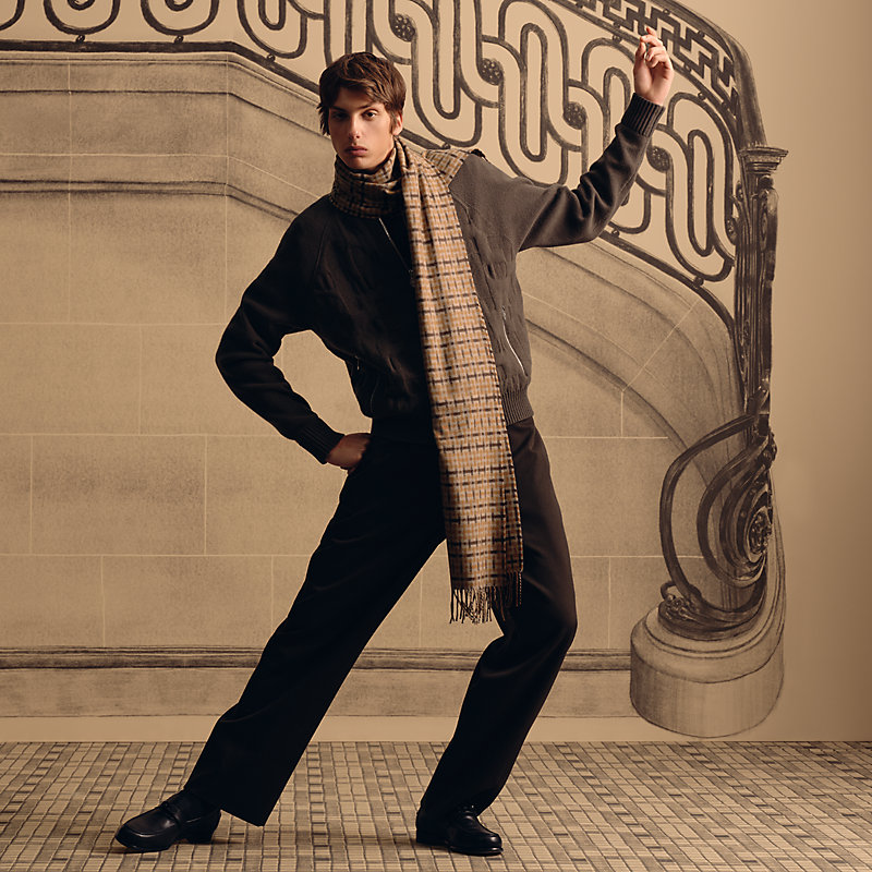 【未使用品】HERMES  マフラー　メンズ　Hエコセ HERMES(エルメス) 「Hエコセ」カシミヤマフラー グレー×グリーン